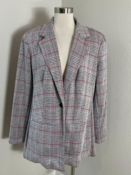 Calvin Klein Womens Plus 2X Red Black Plaid Blazer Jacket One Button - Picture 2 of 12